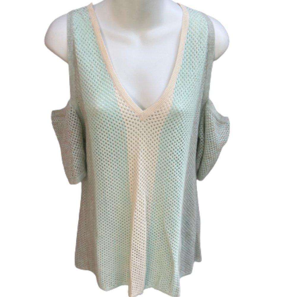 Sogi Cold Shoulder Mesh V-Neck Top Cream & Light Green Size M